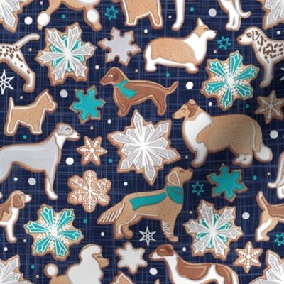 Small scale // Catching ice and sweetness // navy blue background gingerbread white brown grey and dogs and snowflakes turquoise details