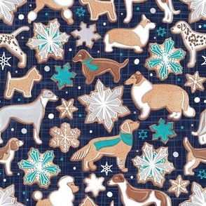 Small scale // Catching ice and sweetness // navy blue background gingerbread white brown grey and dogs and snowflakes turquoise details