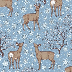 First snow in the forest - deers and snowflakes