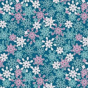 Outlined Pink and Teal Flowers on Peacock