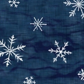 Shibori Snow on Dark Indigo (large scale) | Snowflakes on arashi shibori linen pattern, snow fabric in navy blue, Christmas fabric, winter night sky.