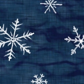 Shibori Snow on Dark Indigo (xl scale) | Snowflakes on arashi shibori linen pattern, snow fabric in navy blue, Christmas fabric, winter night sky.