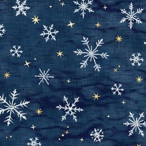 Shibori Snow and Stars on Dark Indigo | Snowflakes and gold stars on arashi shibori linen pattern, block printed stars on navy blue, Christmas fabric, winter night sky.