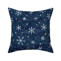 Shibori Snow and Stars on Dark Indigo (large scale) | Snowflakes and gold stars on arashi shibori linen pattern, block printed stars on navy blue, Christmas fabric, winter night sky.