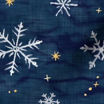 Shibori Snow and Stars on Dark Indigo (xl scale) | Snowflakes and gold stars on arashi shibori linen pattern, block printed stars on navy blue, Christmas fabric, winter night sky.