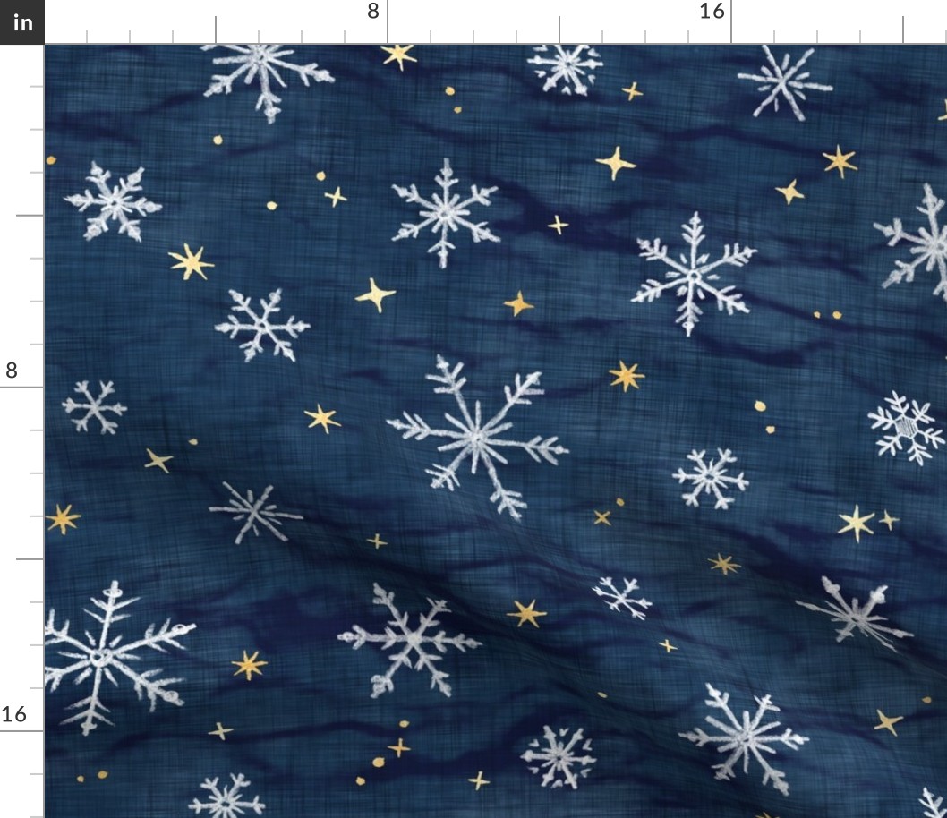 Shibori Snow and Stars on Dark Indigo (xl scale) | Snowflakes and gold stars on arashi shibori linen pattern, block printed stars on navy blue, Christmas fabric, winter night sky.