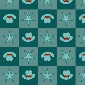 Southwestern Cowboy Hats and Stars in Teal Cheater Quilt