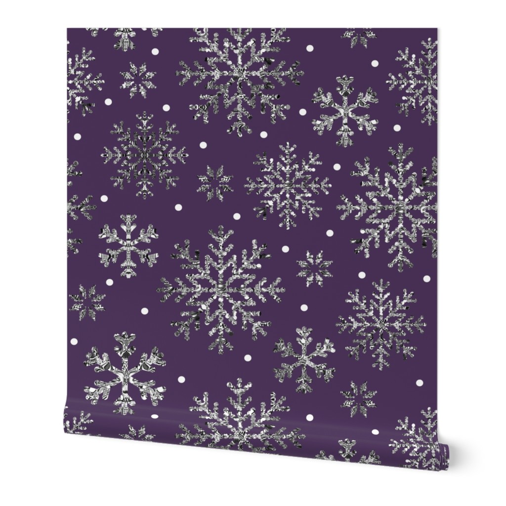 Silver snowflakes ice crystals on plum purple