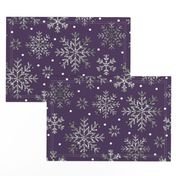 Silver snowflakes ice crystals on plum purple