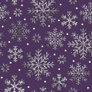 Silver snowflakes ice crystals on plum purple