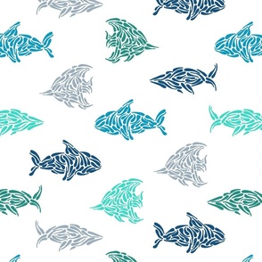 Hand-Drawn Fish and Whales in Blue, Teal and Green