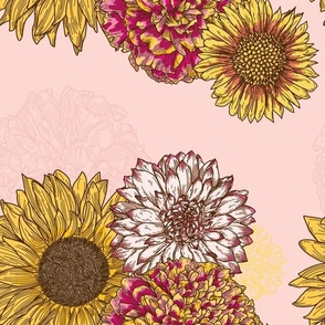 Autumn Flower Bouquet with Sunflowers, Marigolds, and Chrysanthemums on pink