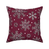 Wine Red silver glitter snowflakes Christmas Fabric