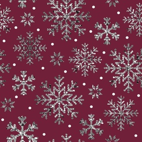Wine Red silver glitter snowflakes Christmas Fabric