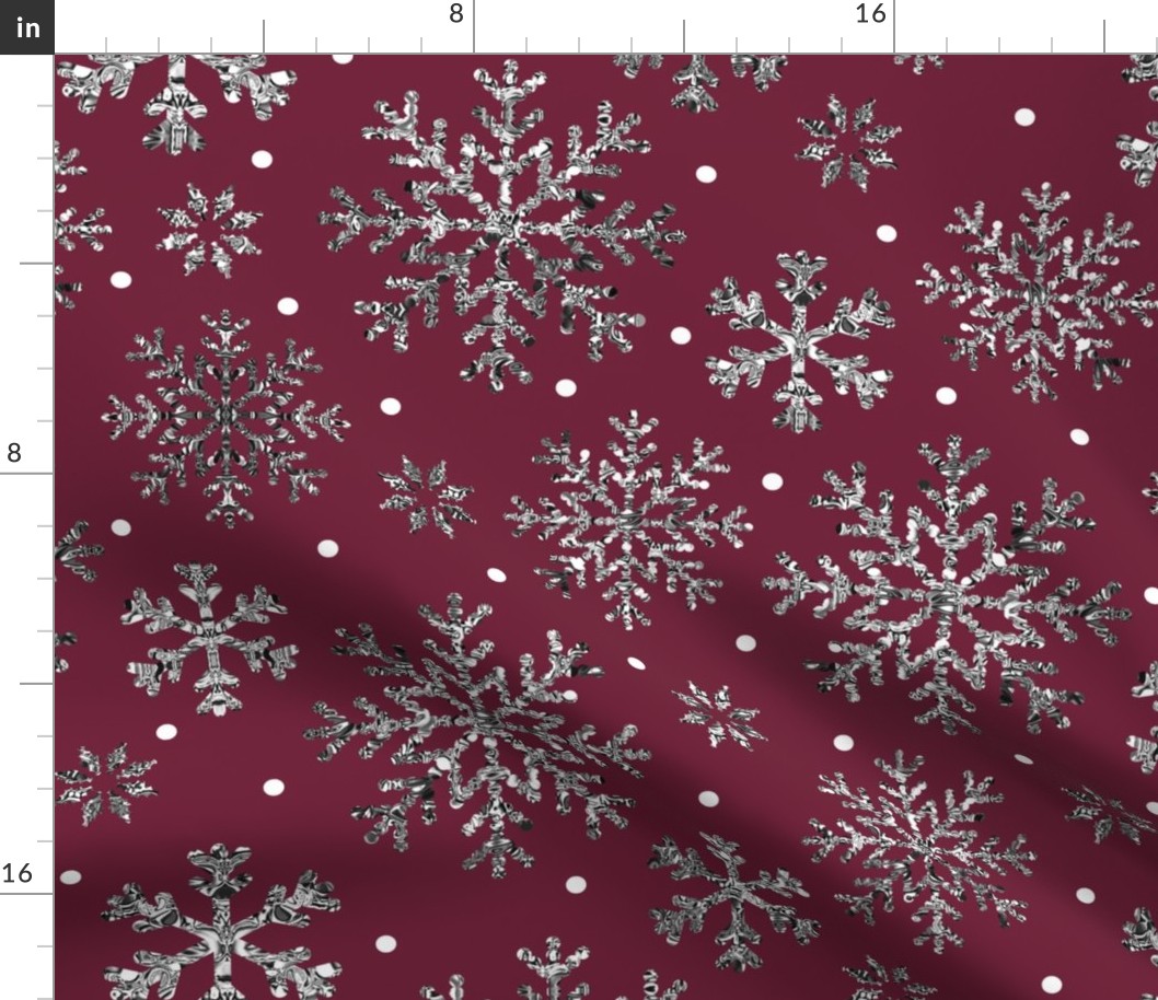 Wine Red silver glitter snowflakes Christmas Fabric