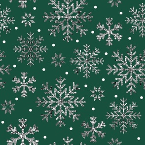 Emerald green silver glitter snowflakes Christmas Fabric