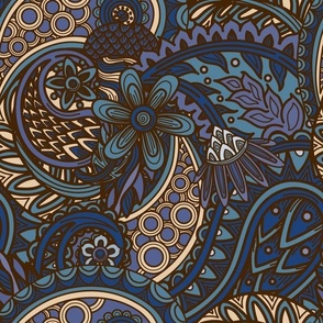 1960s Beige and Blue Autumn Paisley