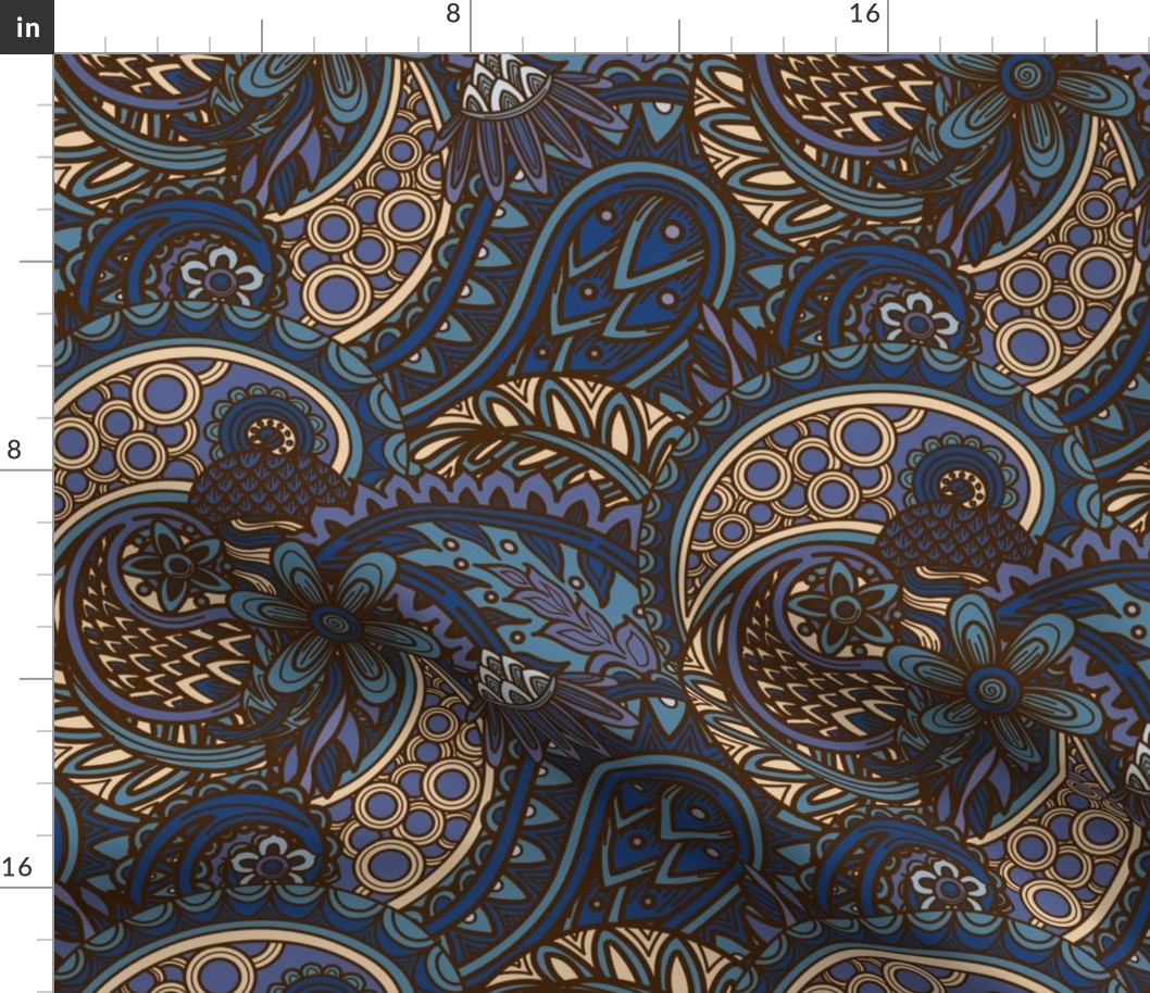 1960s Beige and Blue Autumn Paisley