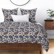 Blue and Tan Scattered Hippie Paisley Print