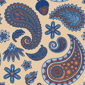 Blue and Tan Scattered Hippie Paisley Print