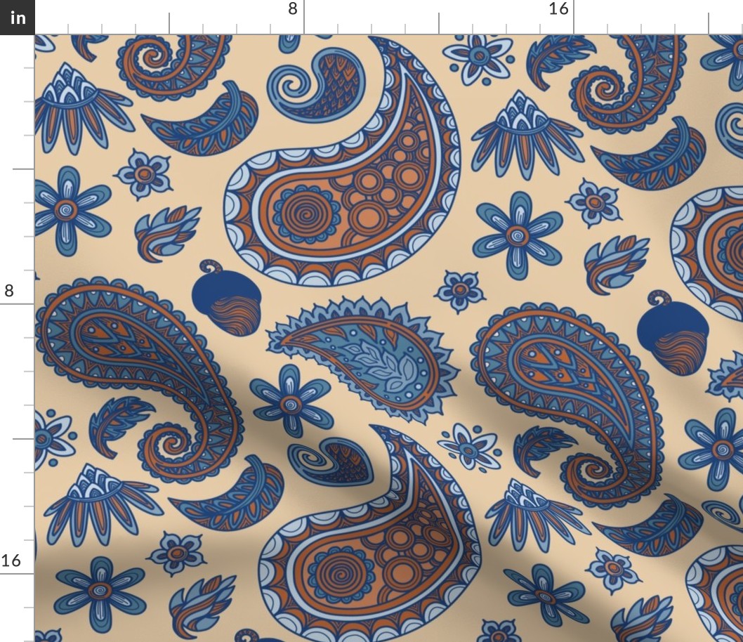 Blue and Tan Scattered Hippie Paisley Print