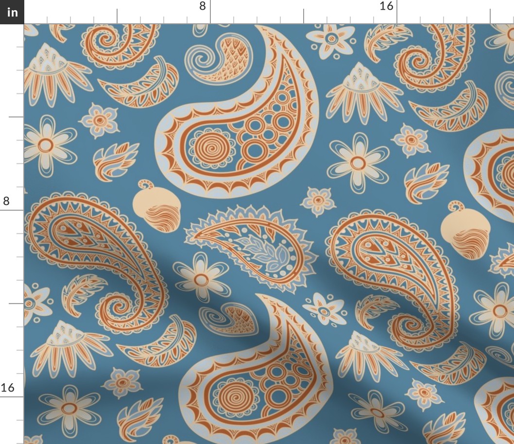 1960s Autumn Themed Blue Paisley Print