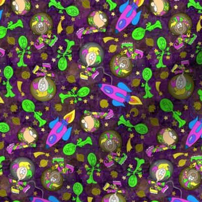 Jesters in Space  -- Cute Aliens and Cute Jester Astronauts floating in a Galaxy of Moons, Planets, and Stars with Spaceships - 941dpi (16% of Full Scale)