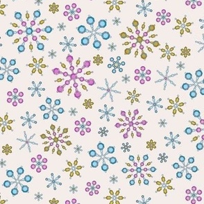 599 - Snowflake in faux beads and crystals, pastel turquoise, pink and yellow: medium  scale for wallpaper and home decor, Christmas tablecloths and accessories