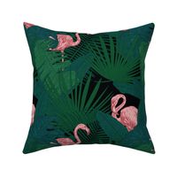 Pink Flamingos in a Tropical Jungle on Black