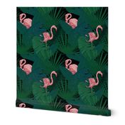 Pink Flamingos in a Tropical Jungle on Black