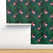 Pink Flamingos in a Tropical Jungle on Black