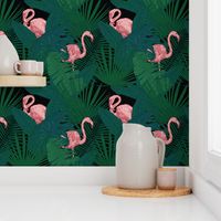 Pink Flamingos in a Tropical Jungle on Black