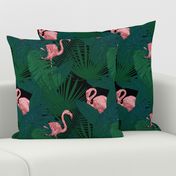 Pink Flamingos in a Tropical Jungle on Black