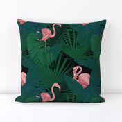 Pink Flamingos in a Tropical Jungle on Black