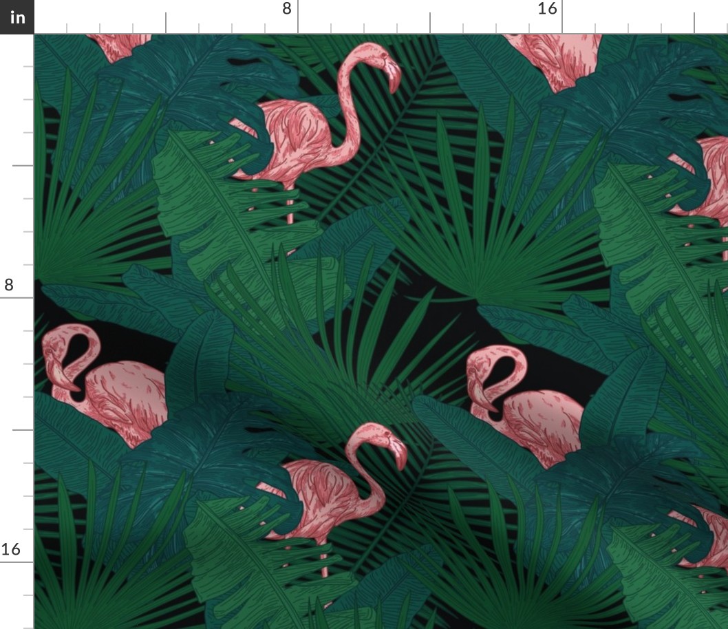 Pink Flamingos in a Tropical Jungle on Black