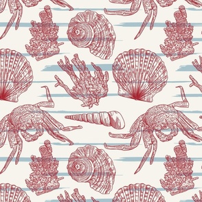 Vintage Coastal Nautical Pattern on Stripes with Crabs, Coral and Seashells