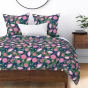 Pink Mimosa Scattered Floral on Navy Lg Scale