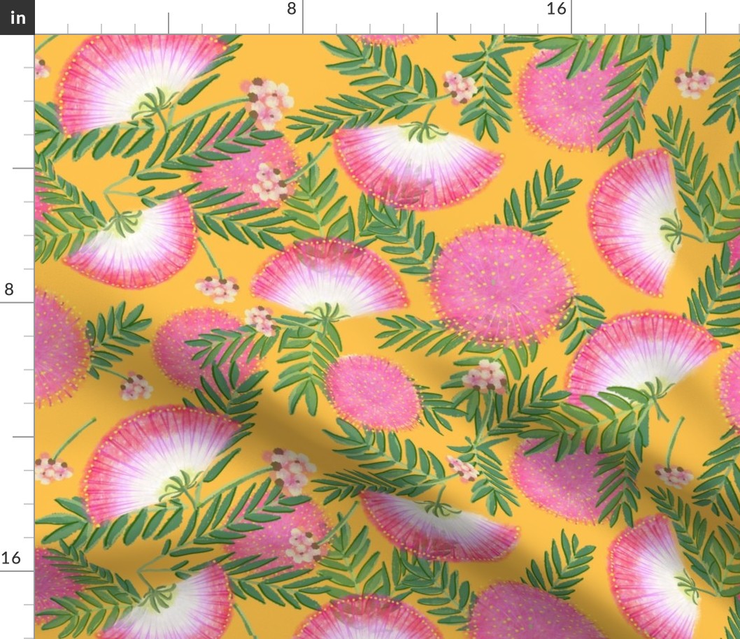 Pink Mimosa Scattered Floral on Goldenrod Lg Scale