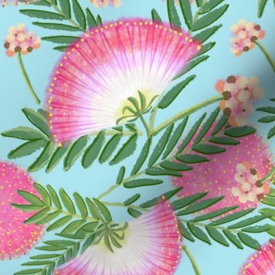 Pink Mimosa Scattered Floral on Aqua Lg Scale