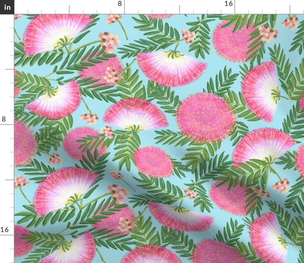 Pink Mimosa Scattered Floral on Aqua Lg Scale