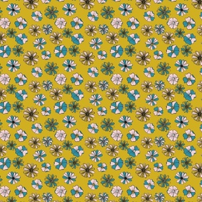 Bohemian Pink and Blue Flowers on Mustard Yellow