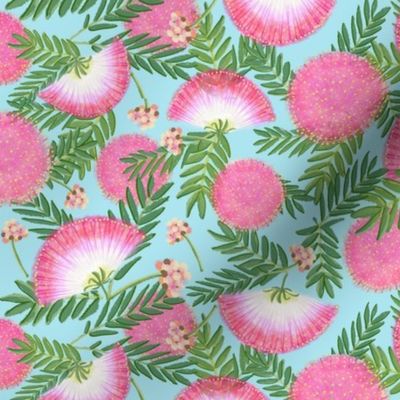 Pink Mimosa Scattered Floral on Aqua Medium Scale