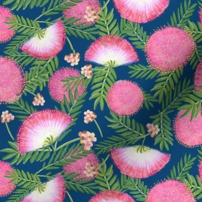 Pink Mimosa Scattered Floral on Navy Medium Scale