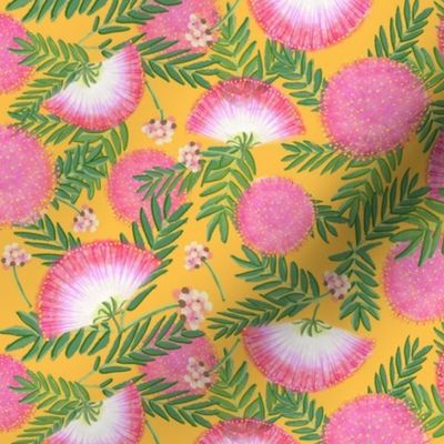 Pink Mimosa Scattered Floral on Goldenrod Medium Scale