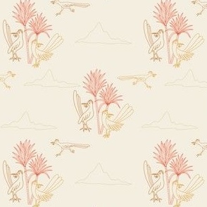 Cute roadrunners, palm trees and mountains seamless pattern