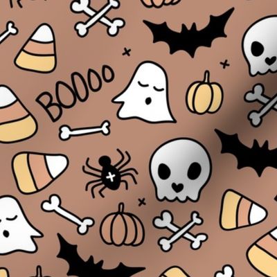 Little halloween candy skulls spider friends and bats kids pumpkin season girls seventies neutral beige brown sienna LARGE
