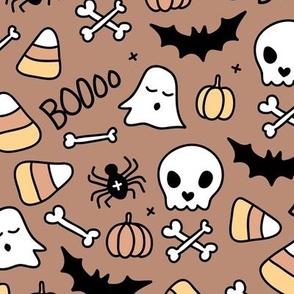 Little halloween candy skulls spider friends and bats kids pumpkin season girls seventies neutral beige brown sienna LARGE