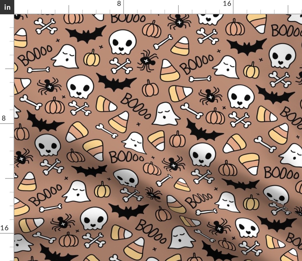 Little halloween candy skulls spider friends and bats kids pumpkin season girls seventies neutral beige brown sienna LARGE