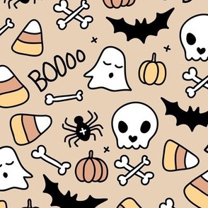 Little halloween candy skulls spider friends and bats kids pumpkin season girls seventies neutral beige caramel LARGE