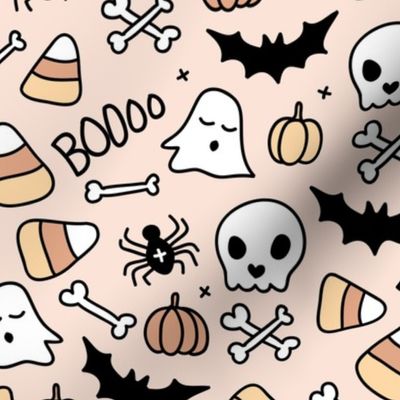 Little halloween candy skulls spider friends and bats kids pumpkin season girls seventies neutral beige sand LARGE